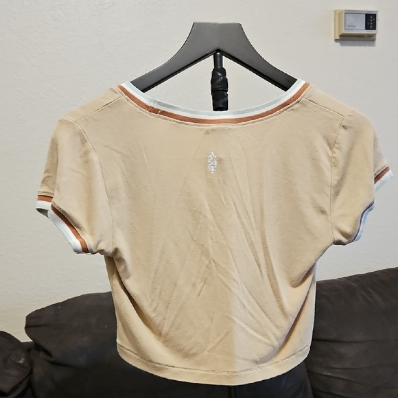 FP Movement by Free People Tan Cropped Ringer Tee with White and Rust Trim - Picture 4 of 8